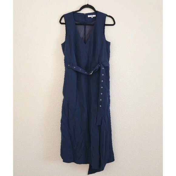 Tibi Twill V-Neck Draped Dress Navy Blue Wrap Asymmetrical Slit Size 8 - Picture 10 of 10